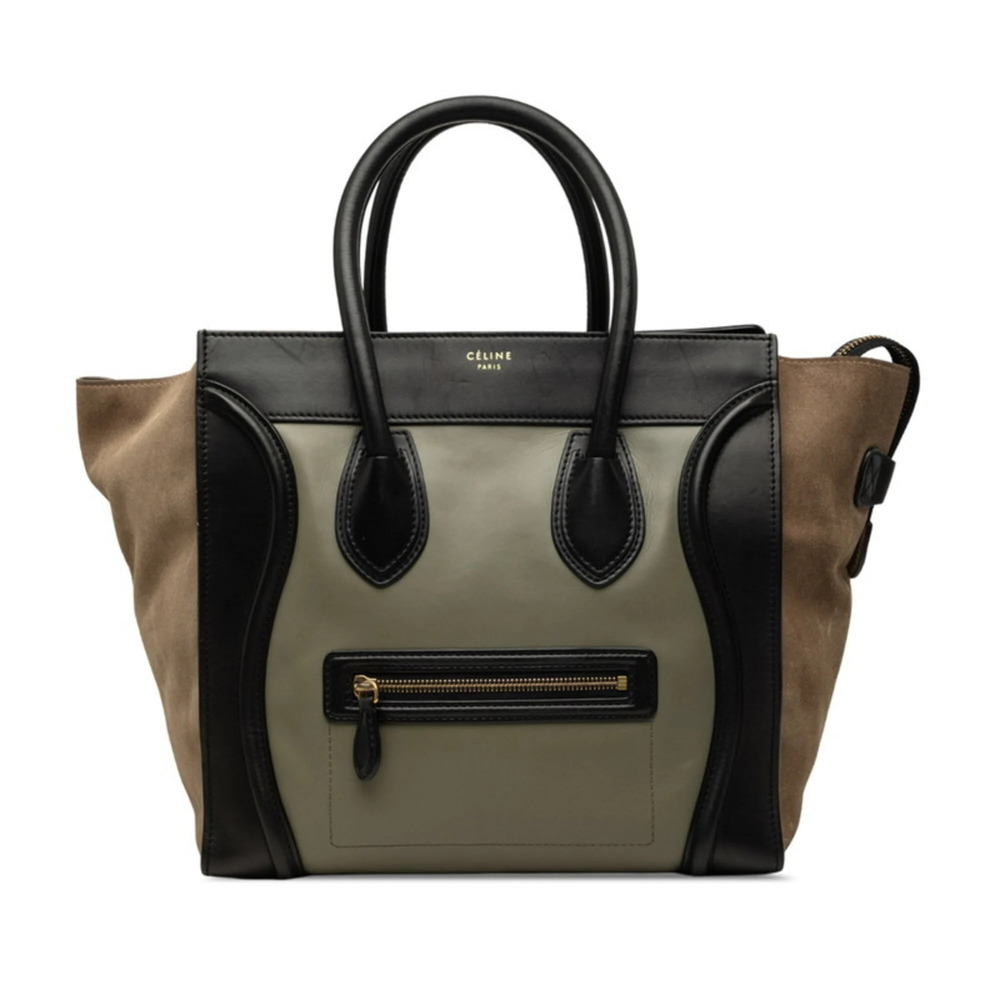 Celine Luggage Medium Shopper Handbag Tote Bag Khaki Green Beige Black Leathe...